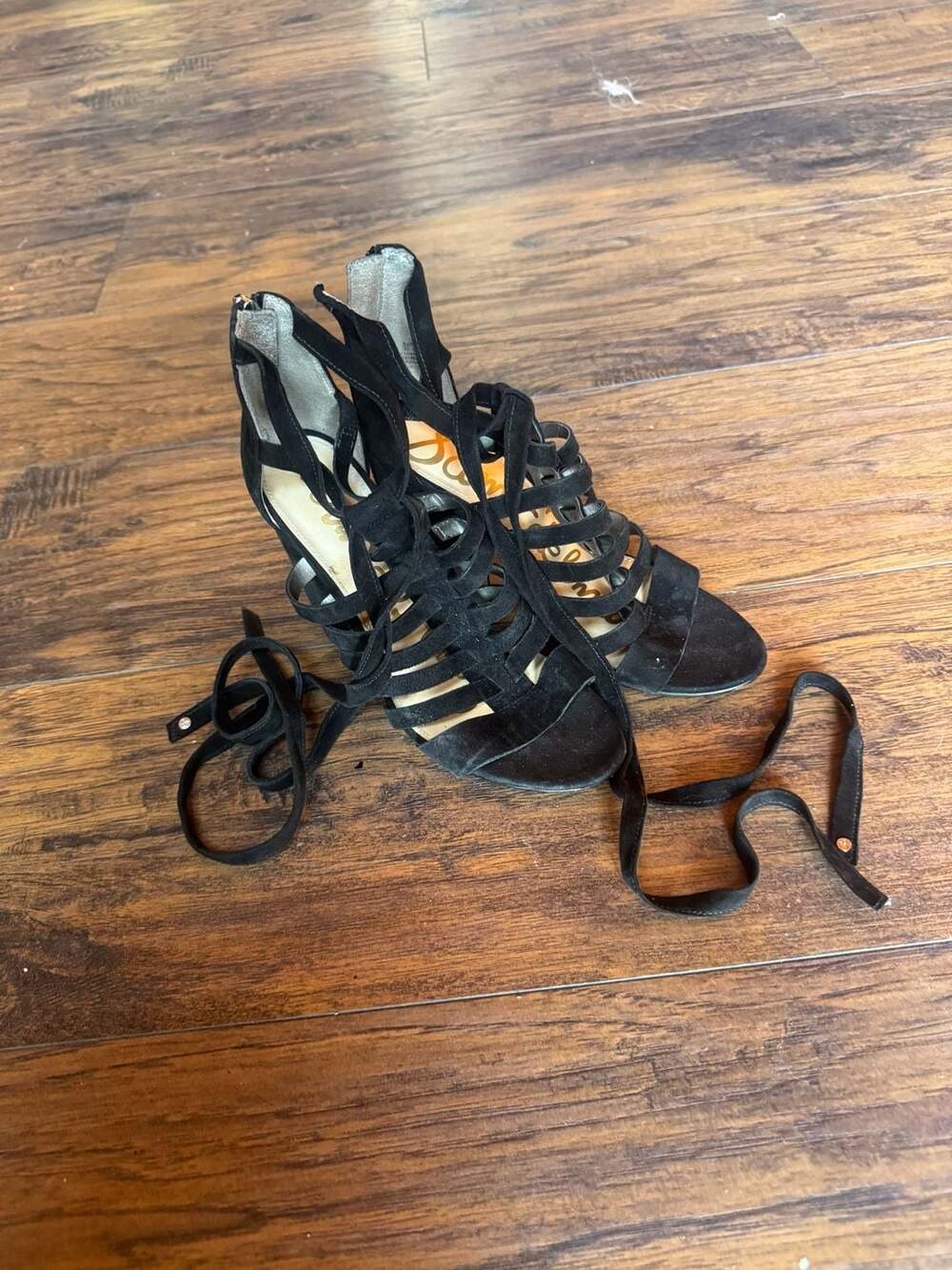 Sam Edelman Black Suede Lace Up Gladiator Block Heel Sandals Size 6